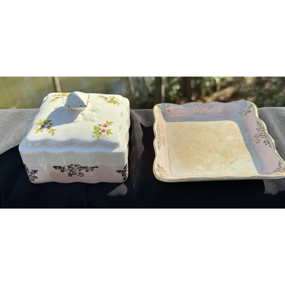 Old Foley James Kent Covered CHEESE or BUTTER DISH Floral w/ Gold Trim Square